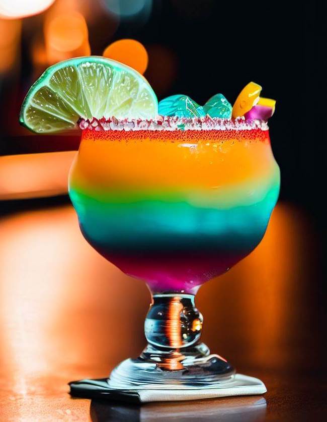 Colorful Mexican cocktail sitting on a dark bar with a blurred background