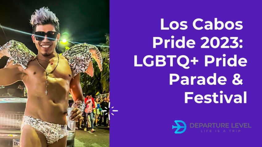 Gay Mexican man, shirtless in Los Cabos LGBTQ pride parade in Mexico